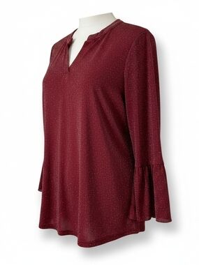 Women's Burgundy Sparkle V-Neck Bell Sleeve Blouse Plus Size XXL